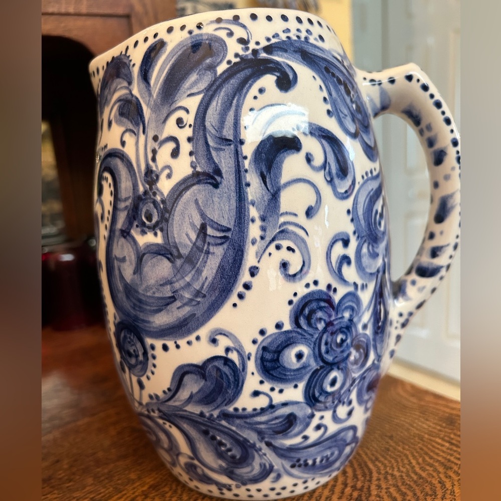 TUROV One-of-a-Kind Hand Painted Ceramic Pitcher Delft Blue.